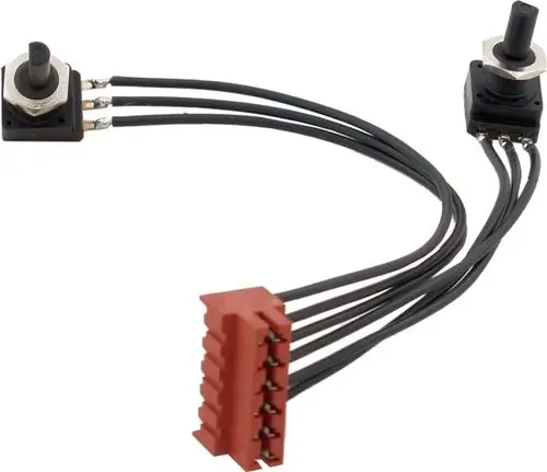 Kabelsatz mit zwei Drehpotentiometern und einem Stecker, ideal für die Verwendung in Steuerungen. Von der Marke Wolf.